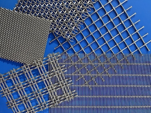Various stainless steel architectural wire mesh samples from BZ Wire Mesh, displaying different weave patterns including dense interlocking grids, open diamond shapes, and rigid crimped designs on a blue background Various stainless steel architectural wire mesh samples from BZ Wire Mesh, displaying different weave patterns including dense interlocking grids, open diamond shapes, and rigid crimped designs on a blue background