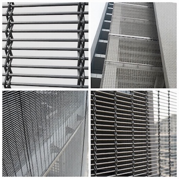 BZ-S009 model stainless steel woven wire mesh installed as sunshade curtain wall on a modern office building facade in Shenzhen, showing vertical panels with horizontal support rods