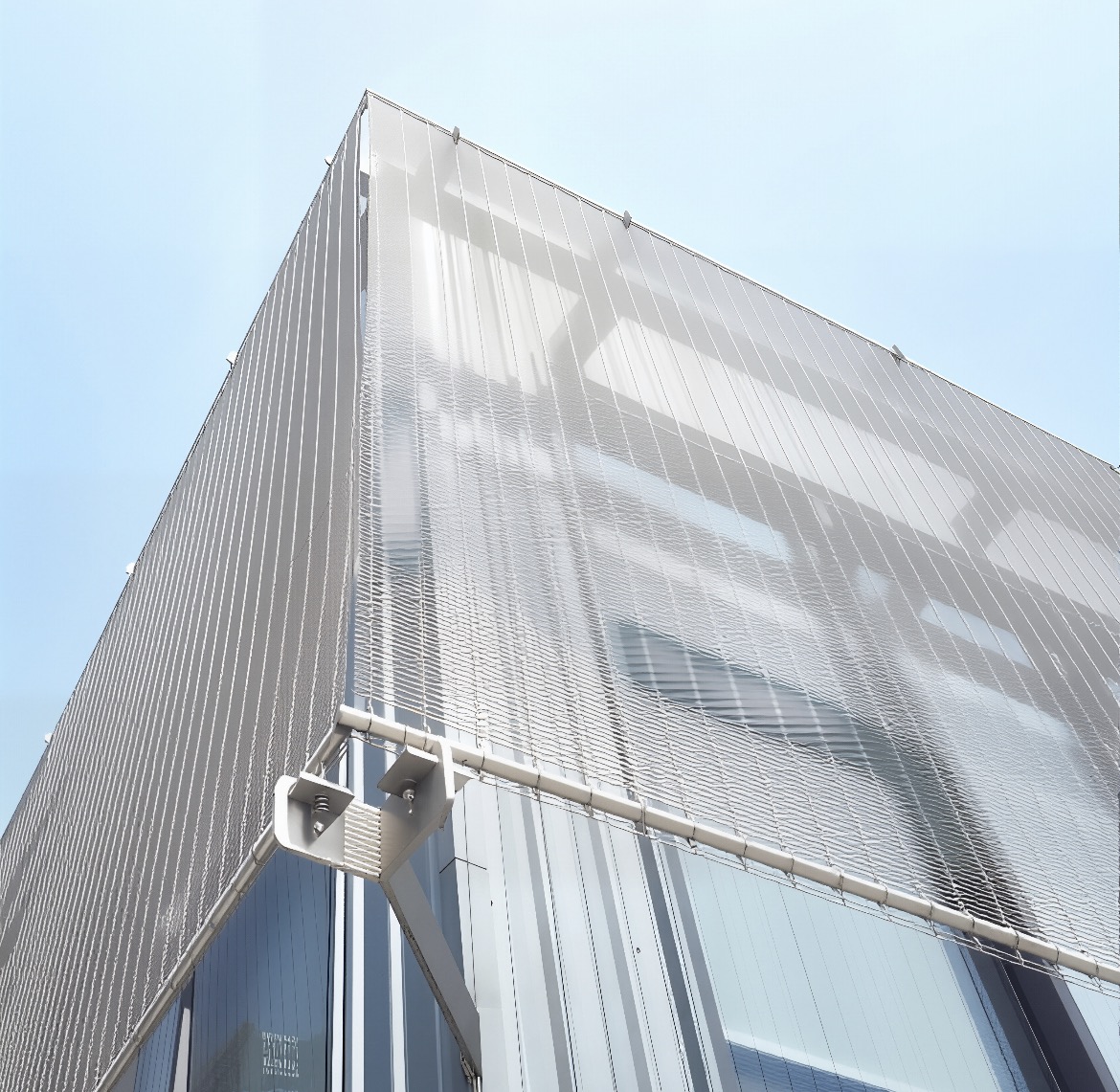 Architectural cable rod mesh applied as a modern building facade cladding