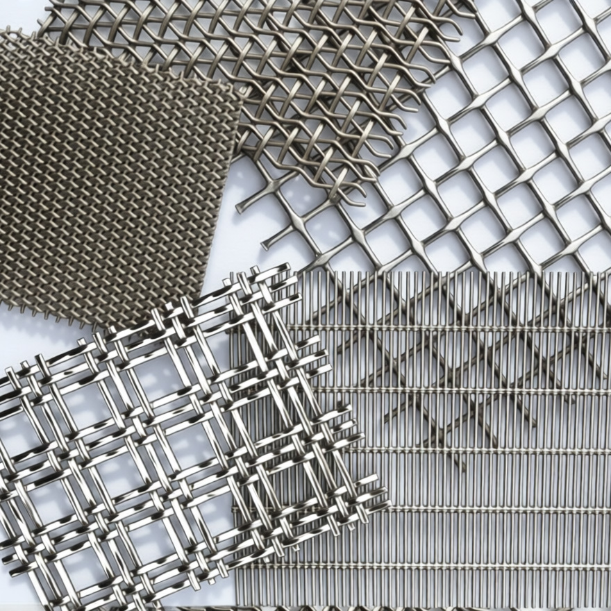 A collection of architectural wire mesh samples by BZ Wire Mesh, showing diverse weaves including interlocking crimped and open diamond designs.