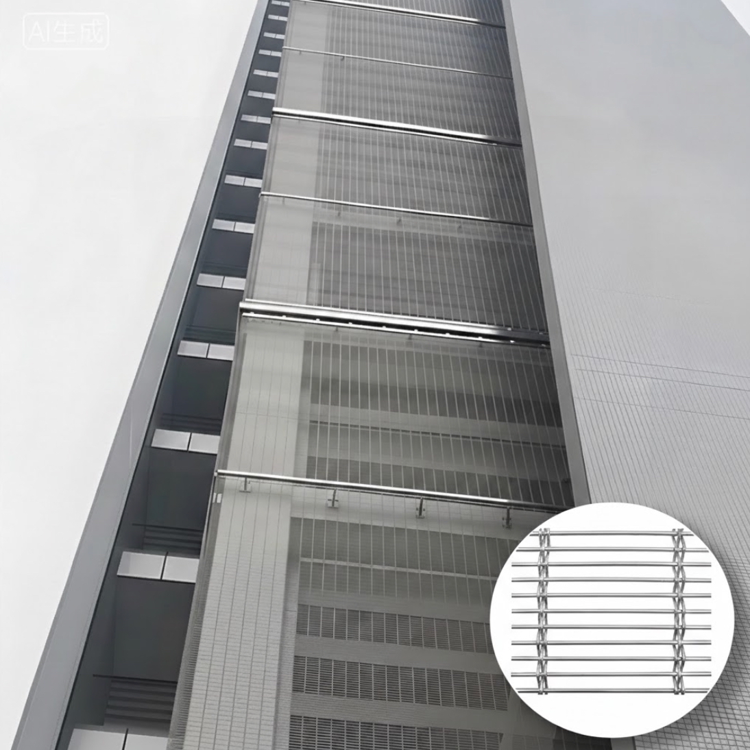 BZ-S009 architectural woven wire mesh sunshade curtain wall on office facade.