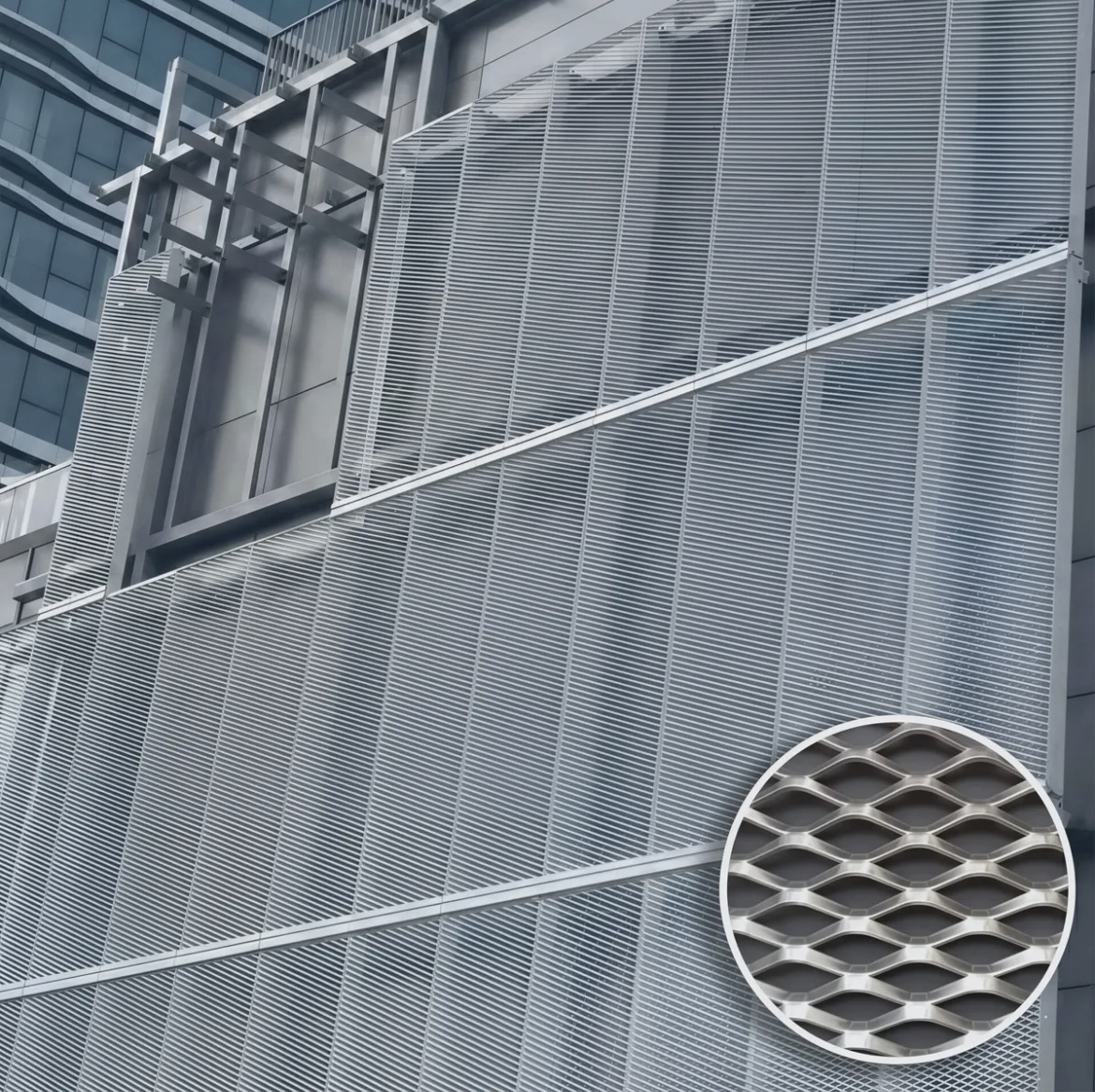BZ aluminum expanded metal mesh for high-rise office building facade sun shading.