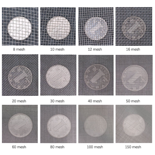 Comparison chart of stainless steel wire mesh sizes ranging from 8 mesh to 150 mesh shown against a coin for scale.