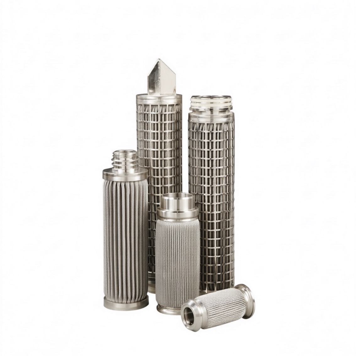 Pleated stainless steel dutch woven wire mesh filter cartridge for corrosive media filtration.
