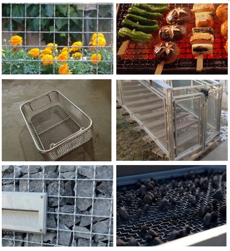 Various applications of stainless steel crimped wire mesh including garden fencing, BBQ grill, sterilization basket, and stone gabion wall.