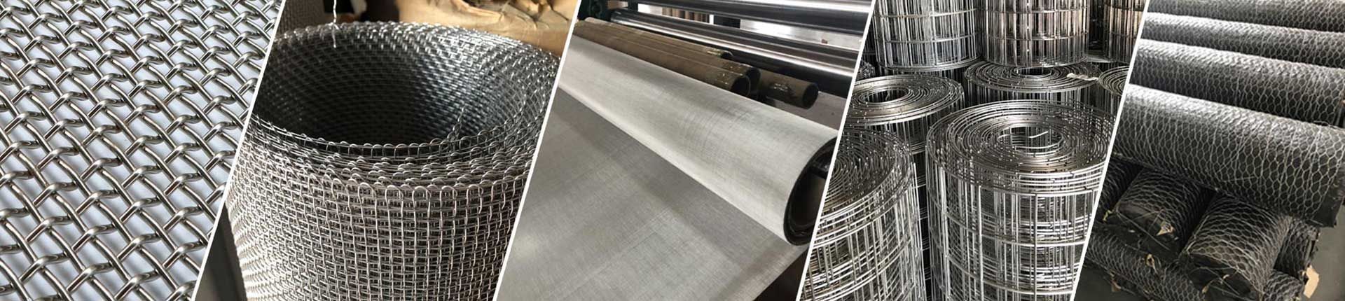 Stainless steel wire mesh collection featuring woven wire cloth, crimped mesh, welded panels, and hexagonal rolls for industrial filtration and fencing.